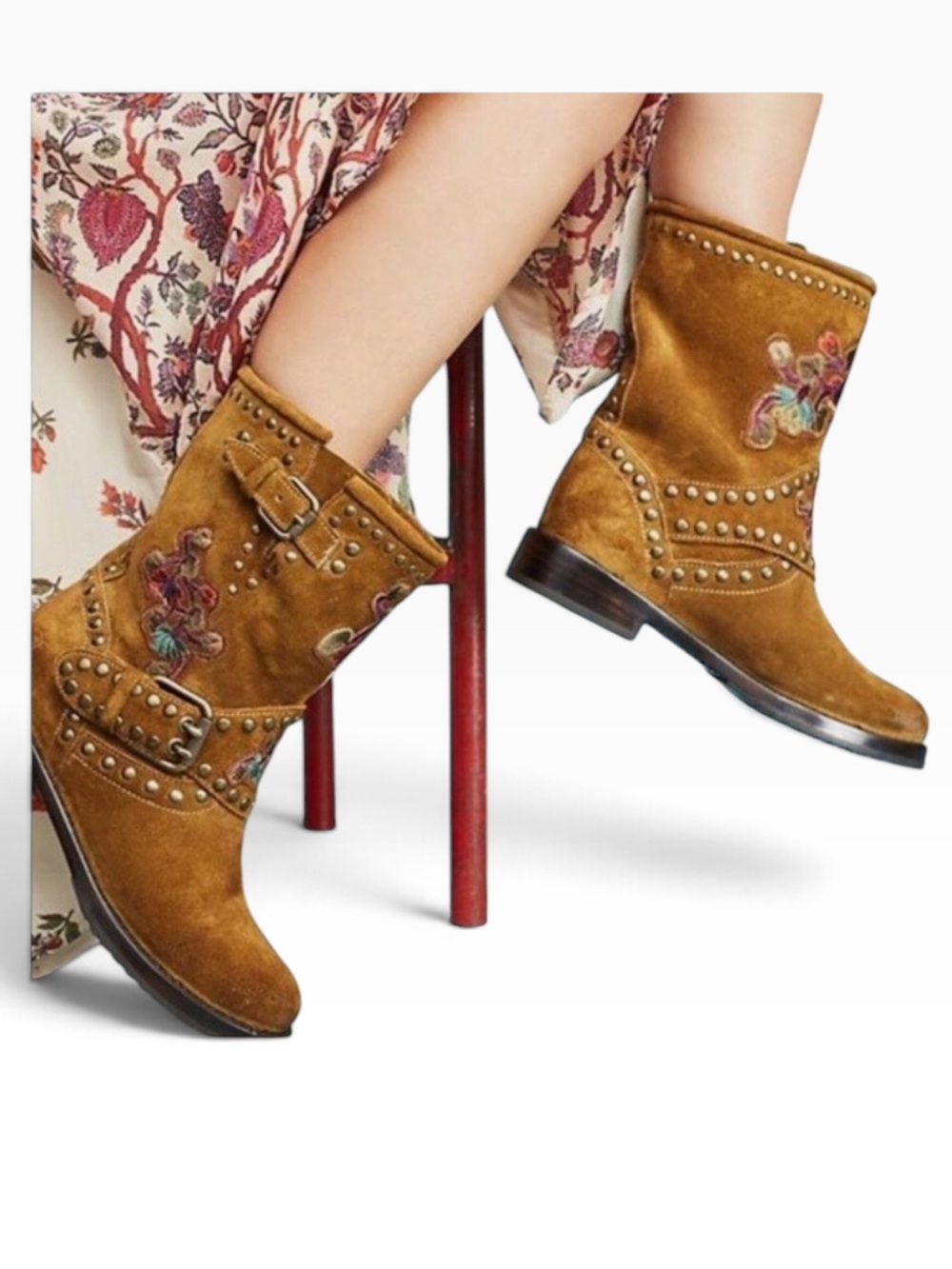 Anthropologie Frye Natalie Studded Suede Embroidered Engineer Boots size 9